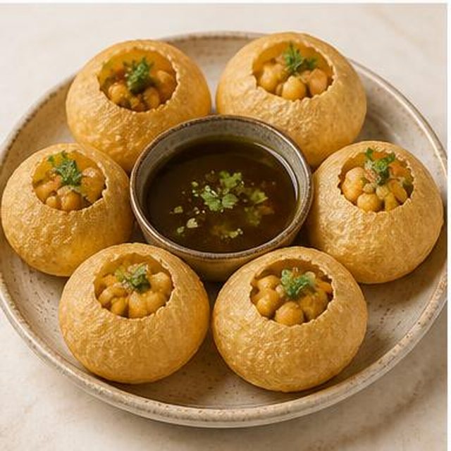 Pani Puri — 6 pezzi con crema di ceci, peperoncino, coriandolo, cipolla, uovo, patata e tamarindo · 6 pieces with chickpea cream, chili, coriander, onion, egg, potato and tamarind