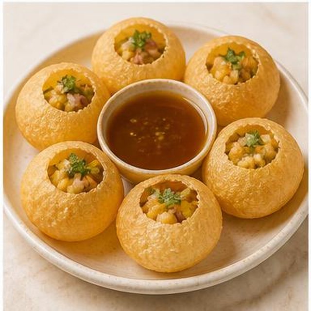 Golgappa — 6 pezzi con ceci, patata, tamarindo e puri croccanti · 6 pieces with chickpeas, potato, tamarind and crisp puri