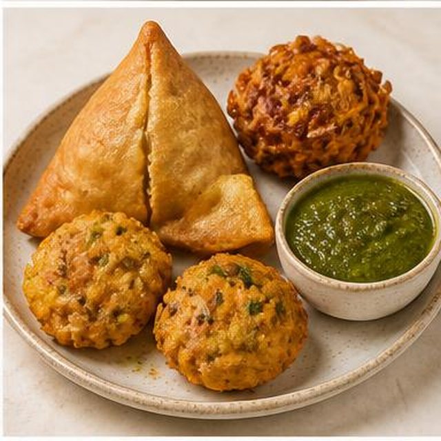 Antipasto misto / Mixed Starter — Samosa di verdure, pakora di lenticchie e pakora di verdure · Vegetable samosa, lentil pakora and vegetable pakora